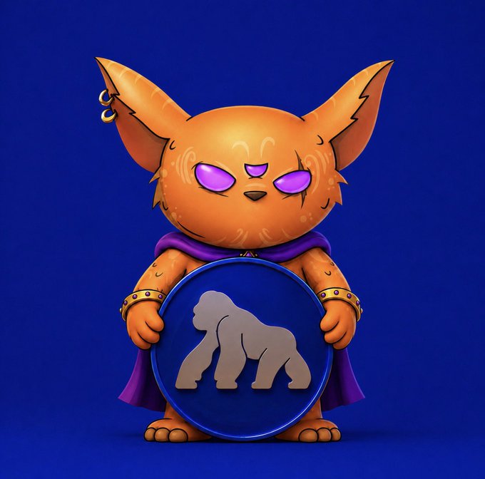 The image features a cartoon character, possibly an orange or brown animal with large ears, holding up a blue circle with a silver gorilla inside of it against a blue background. The caption below the image reads "Keep pumping my MIMU bags on @ApeChainHUB $APE go higher." This suggests that the character is promoting a product related to the MIMU brand or an animal-themed item, possibly a toy or accessory for animals.
