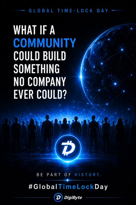 Promotional poster for DigiByte's 'Global Time-Lock Day' featuring the text 'What if a community could build something no company ever could?' and '#GlobalTimeLockDay' with the DigiByte logo.