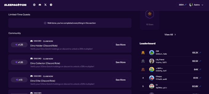 A screenshot of the Sleepagotchi website showing 'Limited-Time Quests' including Dino Holder, Dino Collector, and Dino Elite discord role rewards, along with a community leaderboard.