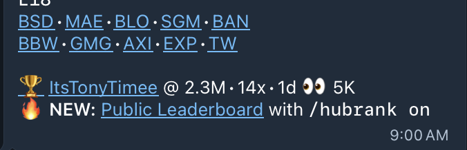 A Discord chat screenshot from user "ItsTonyTimee" at 2.3M showing 5K engagement on a message announcing "NEW: Public Leaderboard with /hubrank on," listing memecoin tickers (BSD, MAE, BLO, SGM, BAN, BBW, GMG, AXI, EXP, TW) that the unrelated post mocks as illiquid, slippage-heavy memecoins being shilled.