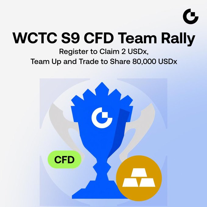 A promotional banner for 'WCTC S9 CFD Team Rally' offering 2 USDx registration bonus and 80,000 USDx team trading prize pool, featuring a blue trophy icon with CFD label and gold coin.