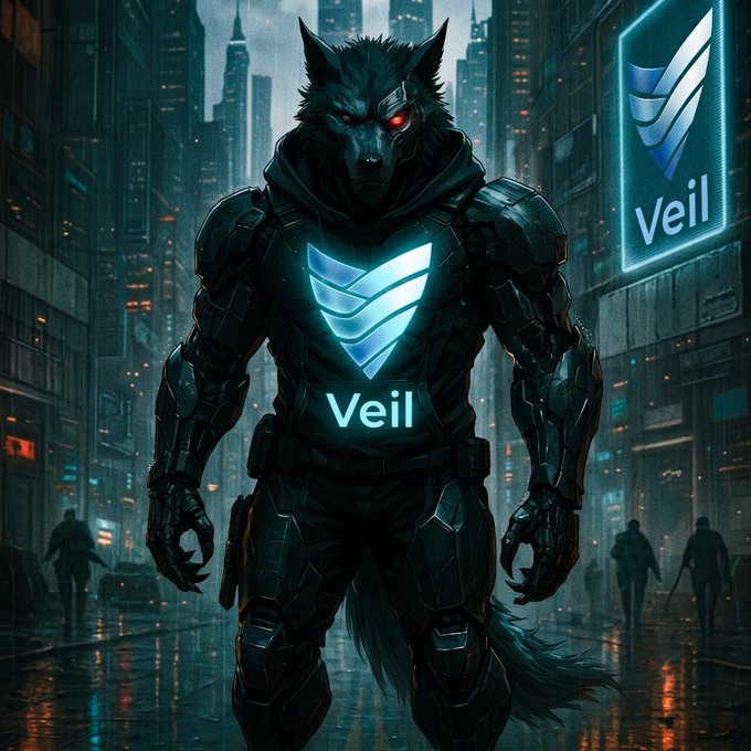 A cyberpunk werewolf in tactical black armor stands in a rain-soaked neon cityscape, featuring glowing "Veil" branding on both its chest emblem and a holographic billboard in the background, with shadowy figures approaching from the alleyway. The image visually reinforces the post's theme of stealthy cryptographic protection, portraying the VeilCurrency as a powerful, shadowy guardian operating undetected within a cyber metropolis.