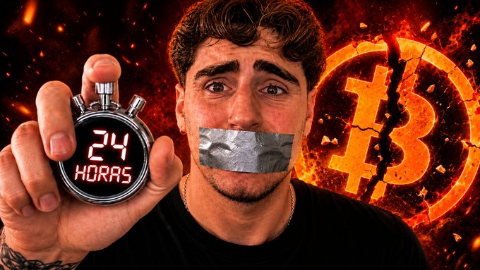 A young man with duct tape over his mouth holding up a stopwatch showing "24 HORAS," with a large Bitcoin symbol breaking apart in a fiery background.