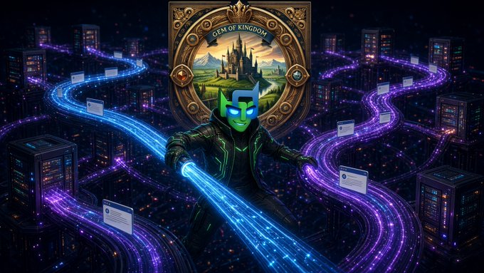 A digital artwork shows a green-masked figure in dark armor wielding glowing blue and purple energy streams in a futuristic cityscape, with a 'GEM OF KINGDOM' emblem in the background.