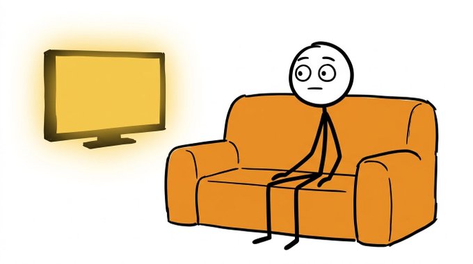A stick figure sits on an orange couch watching a glowing television.