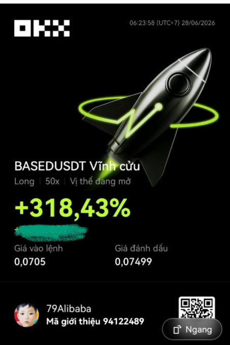 The image is an OKX trading screenshot showing a successful long position on $BASEDUSDT with a +318.43% gain, entry price of 0.0705, and mark price of 0.07499, shared by user 79Alibaba (referral 94122489) to celebrate a weekend trading win and tease the upcoming $RIVER token from @RiverdotInc.