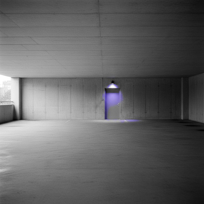 An empty concrete room with a single closed door illuminated by a purple light fixture, suggesting a test environment or staging area. The stark, isolated setting mirrors the cautious approach of sending a small $2 test transaction to a new post-quantum Bitcoin address before committing larger funds, as if probing an uncharted space before proceeding.
