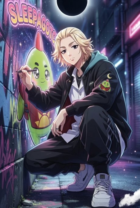A blonde anime-style character crouches in a neon-lit alley, spray-painting a green "Sleepagotchi" mascot on the wall beneath a starry eclipse, embodying the creative, underground vibe of the project. The graffiti art visually reinforces the post's message about @sleepagotchi transforming raw sleep data ($SLEEP) into something meaningful and memorable rather than just another forgettable score.