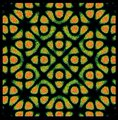 A geometric, kaleidoscopic tile pattern in shades of green, yellow, and orange complements the post announcing that "frequency 06" is now on Netwerk, evoking a sense of rhythmic, visual symmetry.
