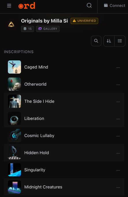 A mobile app screen displaying 'Originals by Milla Si' with an 'UNVERIFIED' tag, listing inscriptions including 'Caged Mind', 'Otherworld', 'The Side I Hide', 'Liberation', 'Cosmic Lullaby', 'Hidden Hold', 'Singularity', and 'Midnight Creatures'.