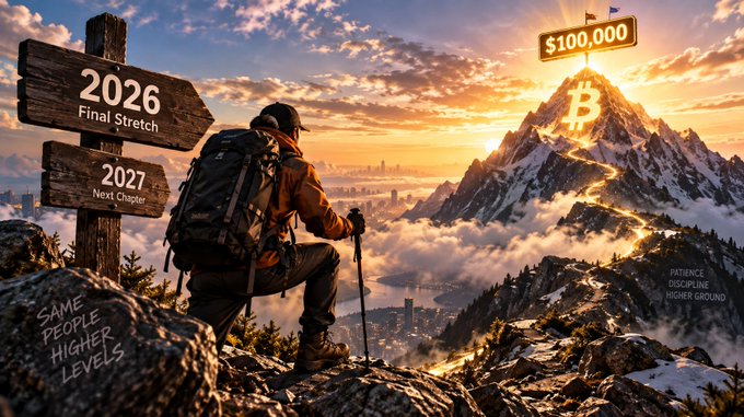 A motivational image of a hiker facing a mountain peak topped with a Bitcoin logo and '$100,000' sign, with signs reading '2026 Final Stretch' and '2027 Next Chapter'.