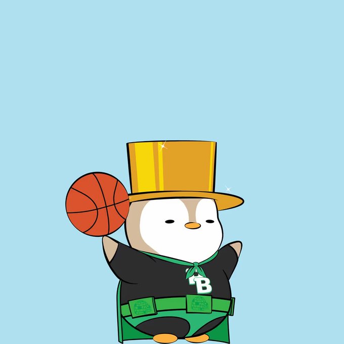 A cartoon illustration of a small penguin wearing a yellow top hat, a green cape, and a black shirt with a 'B' logo, holding a basketball against a light blue background.
