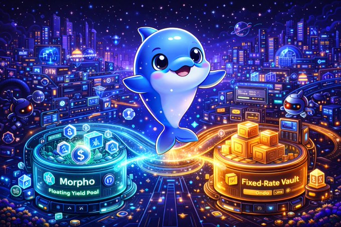The image features a cartoon depiction of a blue dolphin swimming through a cityscape, surrounded by buildings and other objects such as cubes and coins. The scene also includes text that reads "TermMax 解决了这个问题。 当您将资金存入金库或在链上创建借贷限价单时，在交易完成之前。". The cartoon dolphin is positioned in the center of the image, surrounded by various elements that create a sense of depth and complexity.