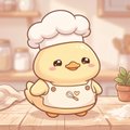 A small, cute illustration of a baby chick wearing a chef's hat and a tiny apron in a kitchen setting.