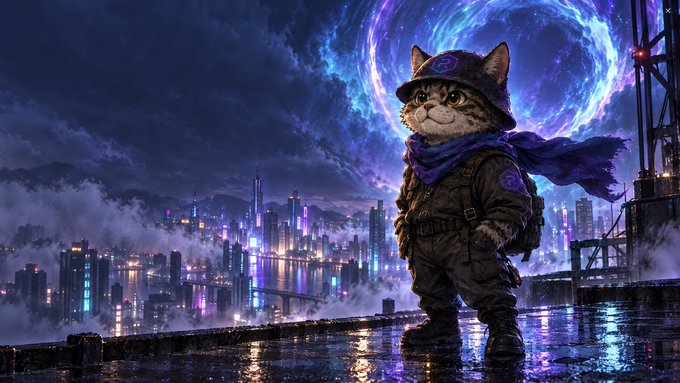 A stylized digital artwork of a cat wearing military gear and a purple scarf, standing on a rooftop overlooking a futuristic neon-lit cyberpunk city with a glowing blue portal in the sky.