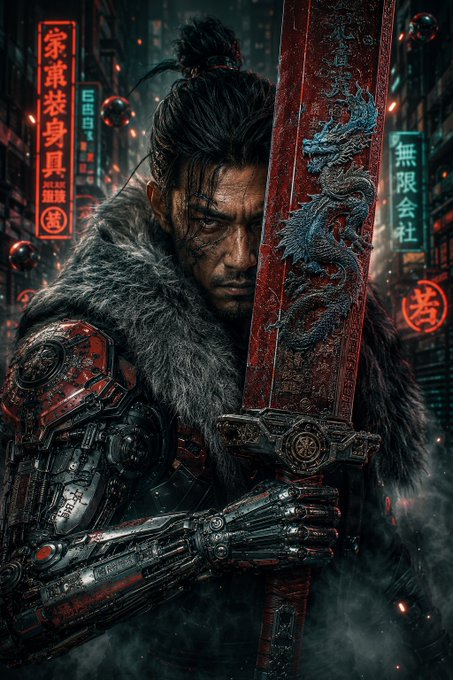 A cyberpunk samurai with a topknot and cybernetic arm grips a large red blade adorned with a dragon motif, set against a neon-lit city backdrop with Chinese signage including '無限会社' and '家藏装身具'.