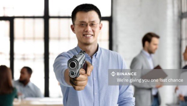 The image features a man holding a gun, with the words "binance" written above him. In the background, there are other people present who appear to be engaged in conversation or observing something happening nearby. The overall atmosphere of the scene suggests that they might be discussing business matters or sharing some form of entertainment.