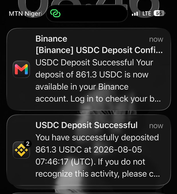 A mobile phone screenshot shows two Binance notifications confirming a successful USDC deposit of 861.3 tokens, timestamped 2026-08-05 07:46:17 (UTC), which appears to be shared as evidence of account activity to encourage others to bring their accounts for crypto onboarding.