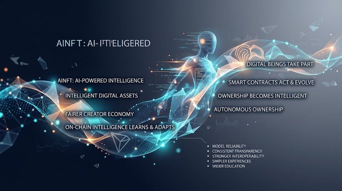 A futuristic graphic titled "AINFT: AI-INTELLIGERED" showing a glowing human figure made of digital waves, with bullet points like "AI-POWERED INTELLIGENCE" and "SMART CONTRACTS ACT & EVOLVE."