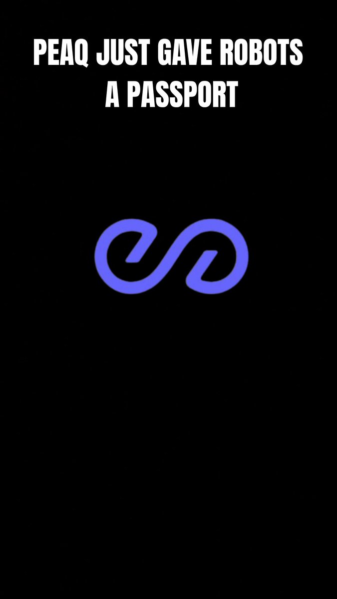 Black background with white text reading 'PEAQ JUST GAVE ROBOTS A PASSPORT' above a purple infinity-style logo.