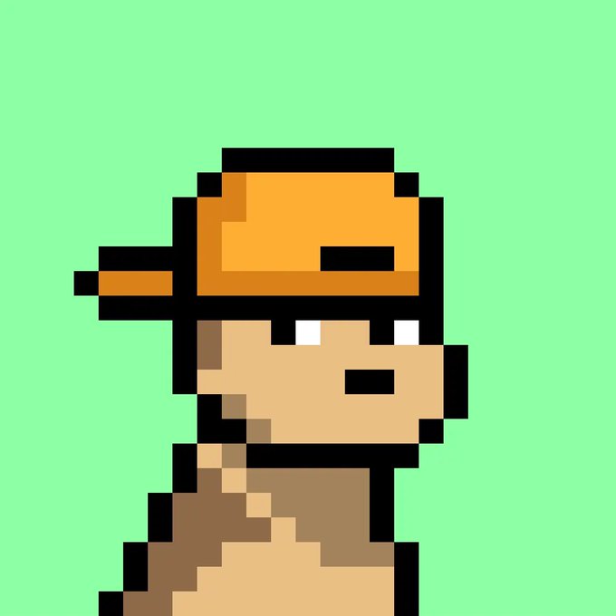 A pixel art character wearing an orange cap and outfit, resembling a small dog or creature, is displayed against a mint green background. The image complements the post's theme of building an empire, with the character likely representing the "Doginal Dogs" mascot for this new venture.