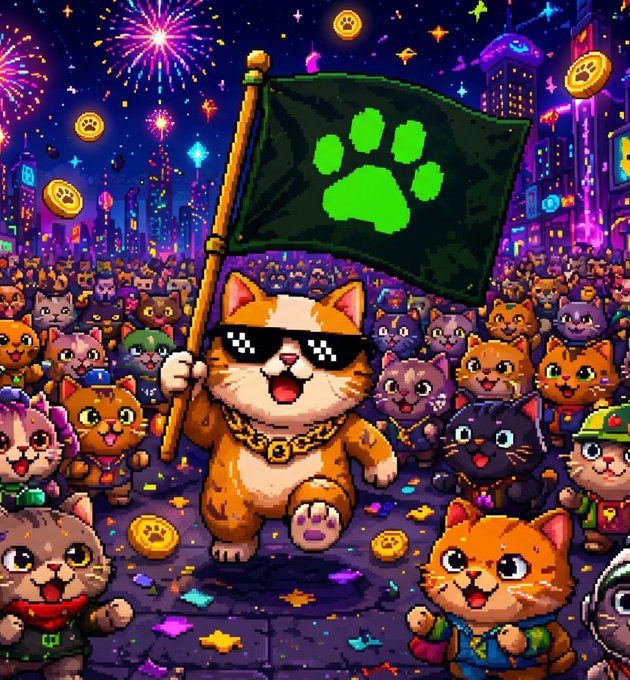 A colorful digital illustration of a cat wearing sunglasses and a gold chain, holding a green paw-print flag, surrounded by other cats with fireworks in the background.