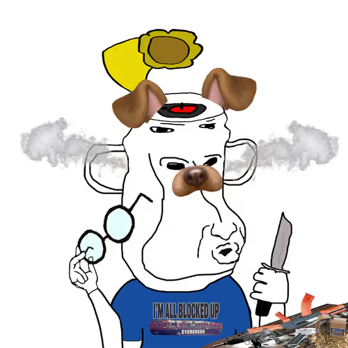 A cartoon illustration of a bulldog wearing a t-shirt that reads 'I'M ALL BLOCKED UP - EVERGREEN', holding glasses and a knife.