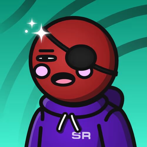 A cartoon character with a red head, eye patch, and purple 'SR' hoodie looks unimpressed against a swirling teal background.