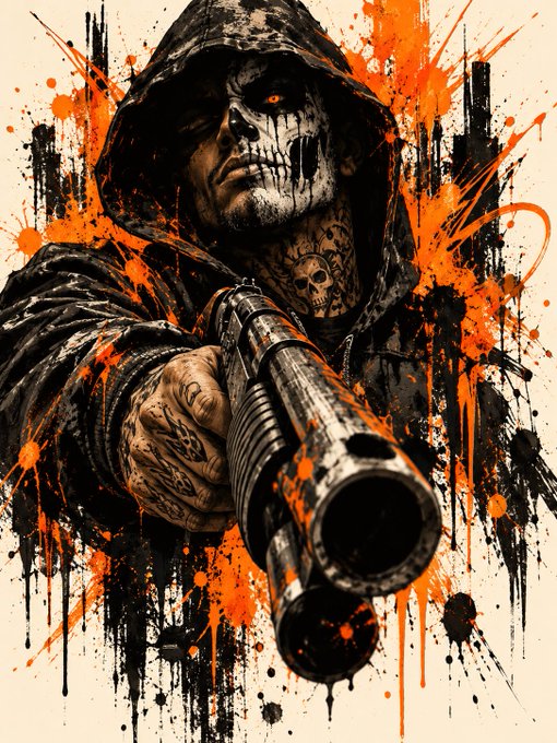 A stylized illustration of a hooded, tattooed figure with skull face paint pointing a shotgun forward, surrounded by orange and black paint splatter effects.
