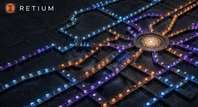Futuristic digital artwork showing a glowing hexagonal network with blue, orange, and purple lights converging on a central star emblem, branded with the RETIUM logo.
