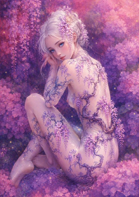 Sylvara, a pale woman with white hair and blue eyes, is depicted with purple floral patterns on her skin, sitting gracefully amidst a backdrop of hanging wisteria and purple flowers.