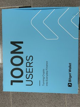 A blue product box for Biget Wallet with the text "100M USERS" and "Turning Crypto into Everyday Finance" prominently displayed.