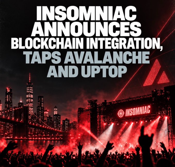 A promotional graphic with bold white text on a dark red background of a concert stage and city skyline announcing 'INSOMNIAC ANNOUNCES BLOCKCHAIN INTEGRATION, TAPS AVALANCHE AND UPTOP', with an Insomniac logo on the stage.