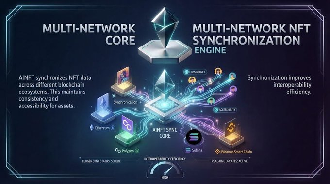 A digital infographic titled 'MULTI-NETWORK CORE' and 'MULTI-NETWORK NFT SYNCHRONIZATION ENGINE' illustrating how AINFT syncs NFT data across Ethereum, Polygon, Solana, and Binance Smart Chain.