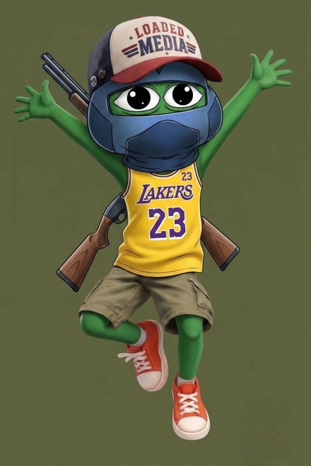 A cartoon illustration of a green frog character wearing a 'Loaded Media' cap, a yellow Lakers #23 jersey, and carrying two rifles on its back.