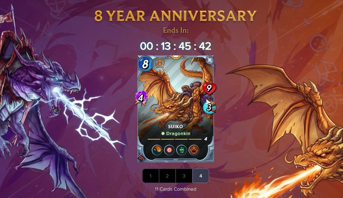 A digital card game screen celebrating an '8 YEAR ANNIVERSARY' with a countdown timer of '00:13:45:42', featuring a dragon card named 'SUIKO' (Dragonkin) labeled '11 Cards Combined'.