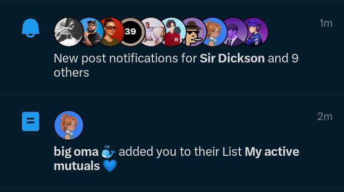 Social media notifications showing new post notifications for 'Sir Dickson' and 9 others, plus a notification that 'big oma' added the user to their 'My active mutuals' list.