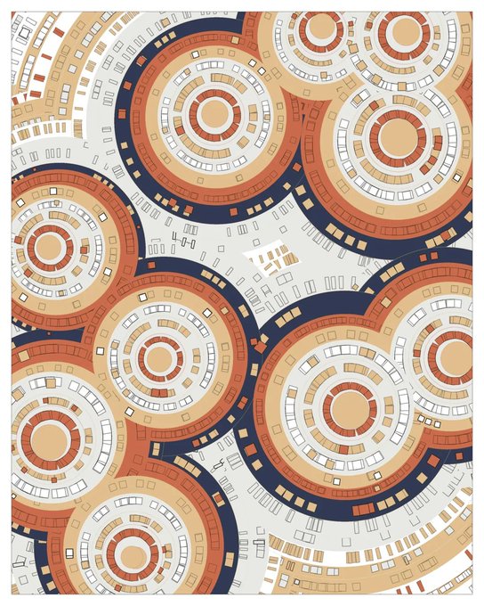 A retro-inspired graphic pattern consists of repeating concentric circles in shades of orange, peach, and navy blue, interspersed with small rectangular geometric details on a cream background.