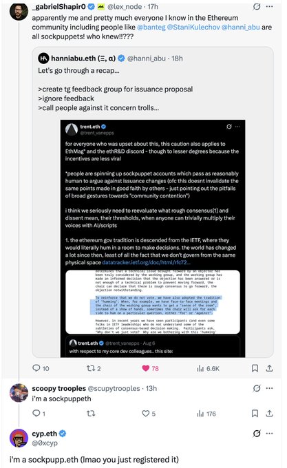 A Twitter/X thread by @gabrielShapir0 (@lex_node) questioning who in the Ethereum community knew about "sockpuppets," quoting a post by @hanni_abu.eth and @trent.eth discussing troll sockpuppets, community contention, and ETHMag/EthR&D discord, with replies from @scoopytrooples and @cyp.eth.