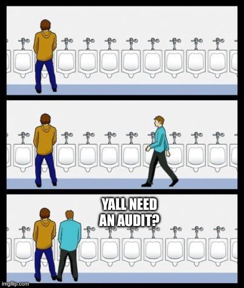 A three-panel comic strip shows a man standing at a row of urinals, another man walking up to use a urinal next to him, followed by a caption reading 'YALL NEED AN AUDIT?' in the final panel.