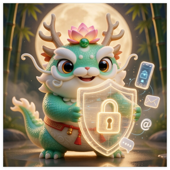 A cute, stylized Chinese dragon-like creature wearing a lotus flower headpiece holds a glowing golden shield with a padlock symbol, surrounded by floating digital icons including email, @, and message bubbles, set against a full moon and bamboo forest backdrop.