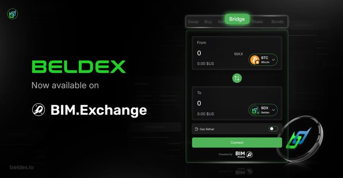 A dark promotional graphic for “BELDEX” says “Now available on BIM.Exchange,” beside a bridge interface showing a BTC Bitcoin to BDX Beldex swap and a green “Connect” button.