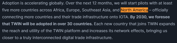 Text discussing global adoption of IOTA's TWIN platform, mentioning pilots in Africa, Europe, Southeast Asia, and North America with a forecast of 30+ countries by 2030.