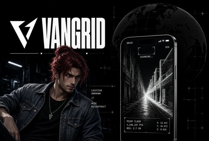 Promotional graphic titled 'VANGRID' featuring a red-haired character in a denim jacket alongside a smartphone displaying a point cloud scan interface with metrics like 1,248,337 points and 2.7 cm resolution.