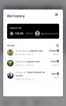 A 'Bid history' interface showing the highest bid at 106.9K by @glosfodnazir, along with other bids and auction details.