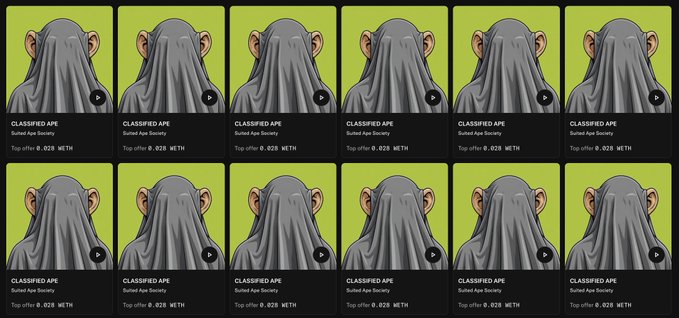 A grid of 12 "Classified Ape" NFTs from the Suited Ape Society collection displayed on OpenSea, each listed at a top offer of 0.028 ETH, illustrating the user's sweep of 12 apes around the 0.03 ETH price point mentioned in their post.