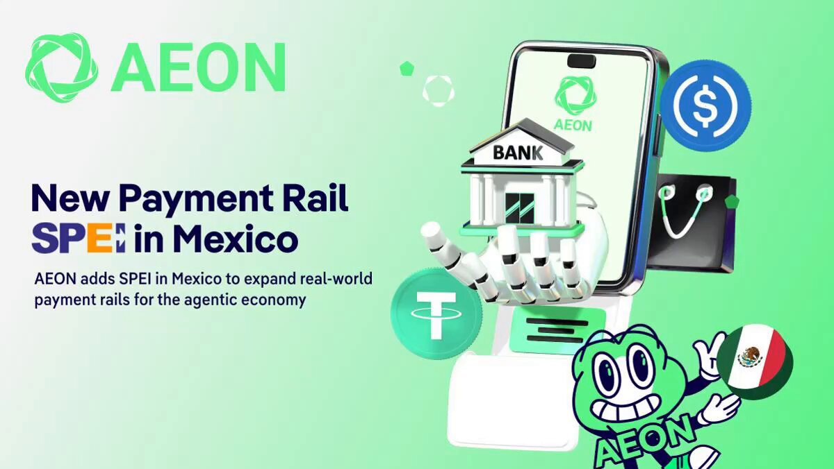The image features a poster for a payment platform called "AEON" that supports payments through the SPEI bank transfer network in Mexico. The poster includes a cartoon character, likely representing the bank or payment system, with a cell phone on top of it. The text on the poster highlights the importance of real-world settlement infrastructure and how AEON is supporting this aspect by enabling seamless transactions using the SPEI network for crypto-powered payments in MXN.