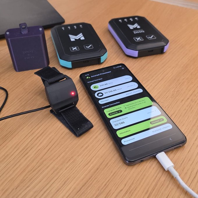 A wrist-worn crypto mining hardware device with a red indicator light sits on a wooden desk next to a smartphone displaying an 'Aurorat Processor' mining app interface showing rates and 'Compute Score' alongside a purple 'DOGE' branded unit.