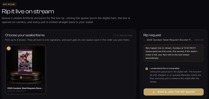 The image shows Artifact's "Rip Room" interface where users can open sealed "2026 Gundam Steel Requiem Booster P..." boxes live for the stream audience, with a "1/8 SELECTED" counter and a "Sign & Join the Rip Queue" button at the bottom right. The post describes the process of buying packs onchain, sending them to the Rip Room, watching them be ripped open, and having cards put onchain instantly—directly illustrating this digital-first sealed product unboxing experience.