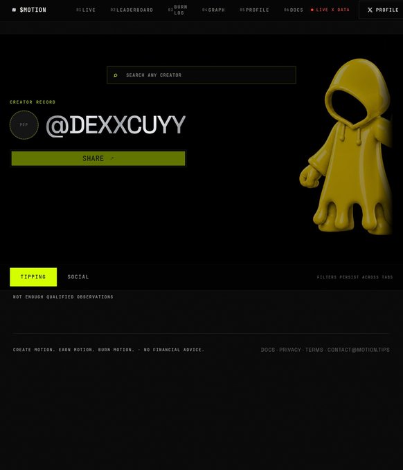 The image shows a creator profile page on $MOTION for user @DEXXCUYY, featuring a yellow cloaked 3D avatar and a "TIPPING" tab with the message "NOT ENOUGH QUALIFIED OBSERVATIONS." This relates to the post about the user's journey with @motiontip, illustrating their new creator record and the need to accumulate observations to qualify for the $MOTION allocation system.